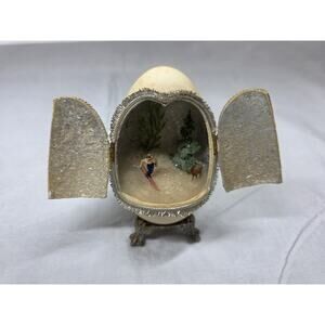 Handmade Goose Egg Hinged Diorama Winter Pearl Trim Stand Very Old Vintage